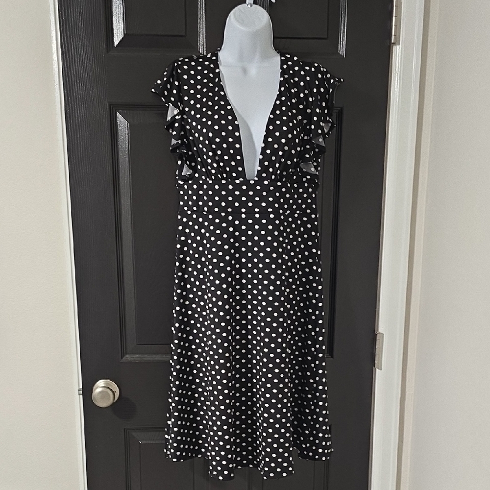 VENUS Black and White Polka Dot Ruffle Midi Dress
